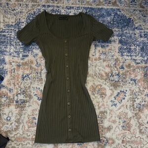 Olive Green Ribbed Button-Down Dress